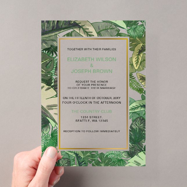 Invitations En Acrylique mariage botanique tropical feuille (In situ (ordinateur de poche))