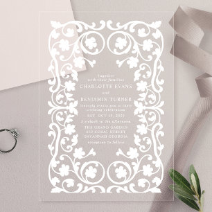 Invitations En Acrylique Mariage Cadre Floral Élégant Blanc Orné