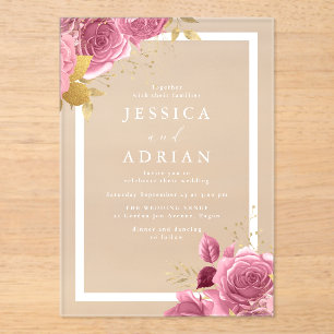 Invitations En Acrylique Mariage Cadre Floral Rose & Or
