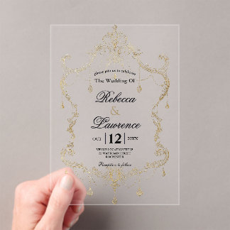 Invitations En Acrylique Mariage calligraphié avec cadre en or faux chic