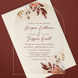 Invitations En Acrylique Mariage Calligraphié Fleurs en Terracotta Rustique