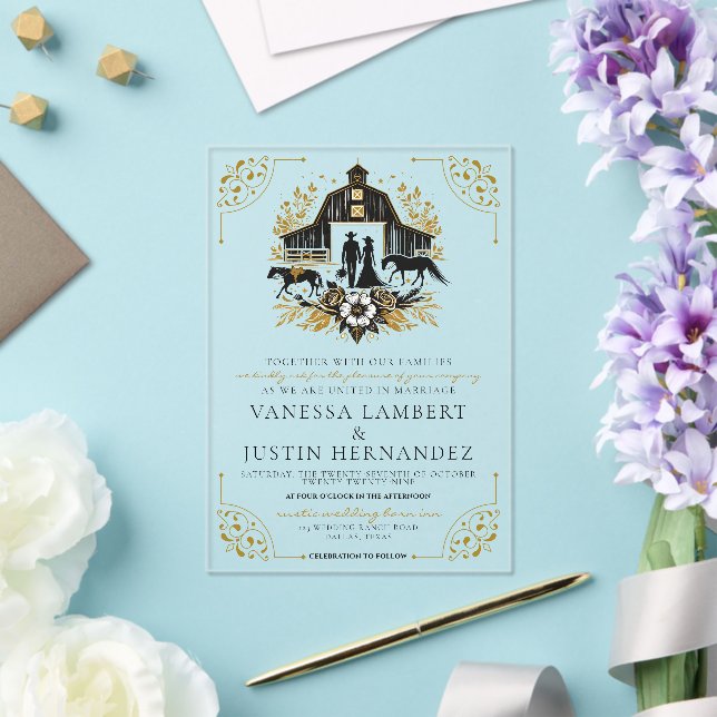 Invitations En Acrylique Mariage campagnard noir et or (Insitu (Mariage))