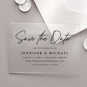 Invitations En Acrylique Mariage Casual Black Script Enregistrez la Date