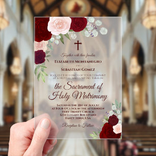 Invitations En Acrylique Mariage catholique élégant aux roses bordeaux et r