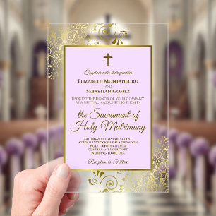 Invitations En Acrylique Mariage Catholique Élégant Lilas Pourpre et Or