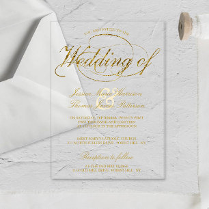 Invitations En Acrylique Mariage Chic Écriture Feuille de Faux Or