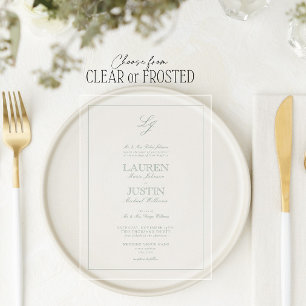 Invitations En Acrylique Mariage classique en monogramme script vert sauge