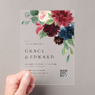 Invitations En Acrylique Mariage code QR botanique Bourgogne et bleu marine
