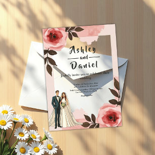 Invitations En Acrylique Mariage Couple Rose Pâle Floral Aquarelle