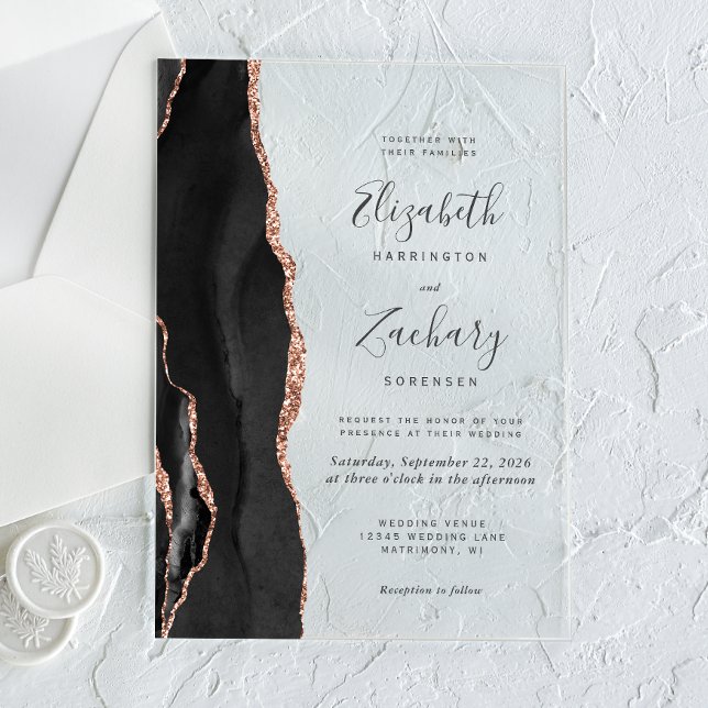 Invitations En Acrylique Mariage d'âge moderne Black Rose Gold (Créateur téléchargé)