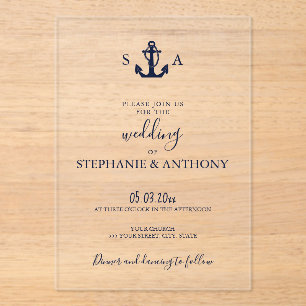 Invitations En Acrylique Mariage d'Ancre bleu marine Monogram