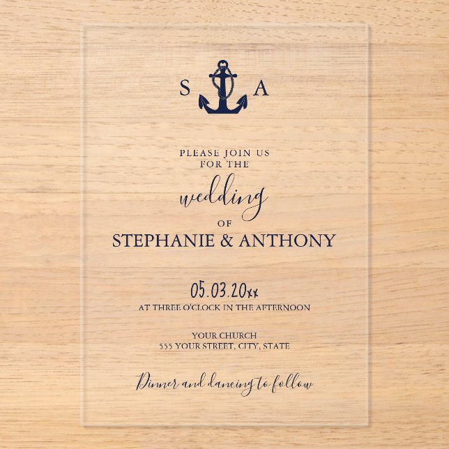 Invitations En Acrylique Mariage d'Ancre bleu marine Monogram (Recto)