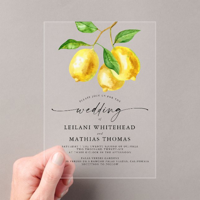 Invitations En Acrylique Mariage d'aquarelle Citrus citron (In situ (ordinateur de poche))