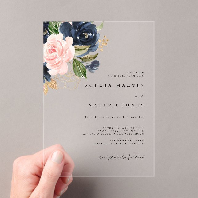 Invitations En Acrylique Mariage d'aquarelle en or Blush Navy (In situ (ordinateur de poche))