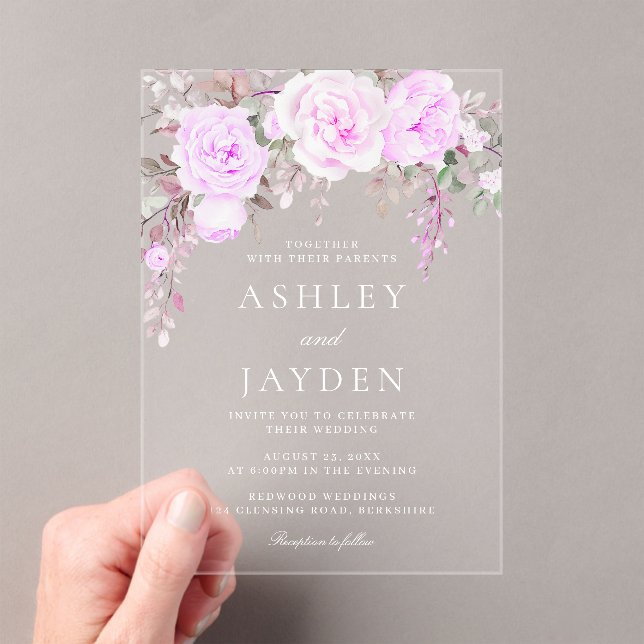 Invitations En Acrylique Mariage d'aquarelle florale pourpre (In situ (ordinateur de poche))
