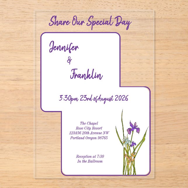 Invitations En Acrylique Mariage d'aquarelle Iris violet (Recto)