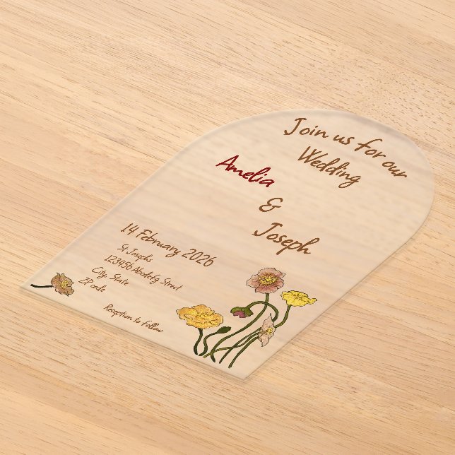 Invitations En Acrylique Mariage d'aquarelle simple Pastel Minimal Poppy (Poser)