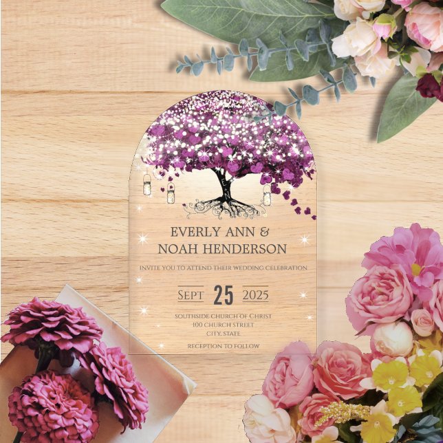 Invitations En Acrylique Mariage d'arbre de feuilles de coeur pourpre encha (Créateur téléchargé)