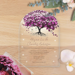 Invitations En Acrylique Mariage d'arbre de feuilles de coeur pourpre encha