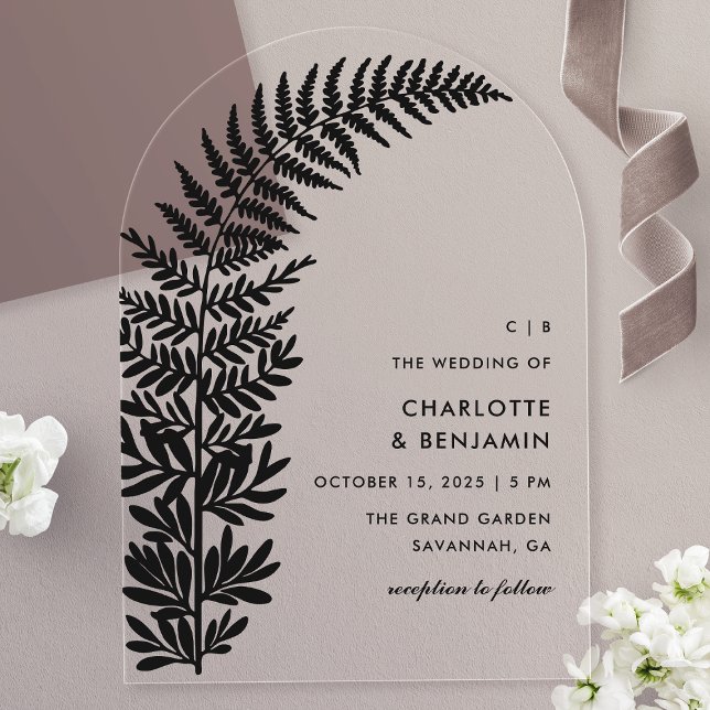 Invitations En Acrylique Mariage d'arc minimaliste moderne Black Fern (Créateur téléchargé)