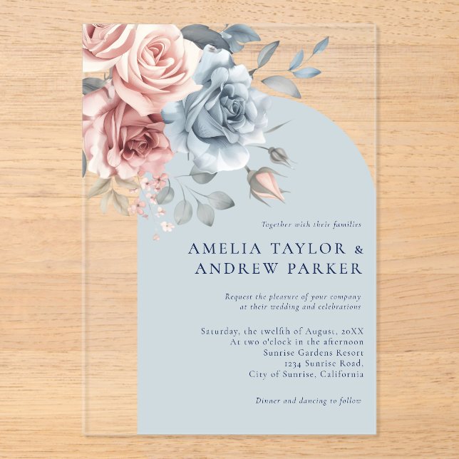 Invitations En Acrylique Mariage d'arc rose rose rose bleu pâle (Recto)
