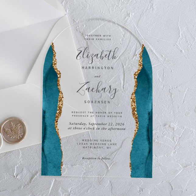 Invitations En Acrylique Mariage d'arche d'agate d'or bleu Turquoise modern (Créateur téléchargé)