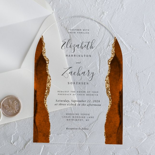 Invitations En Acrylique Mariage d'arche d'or orange brûlé moderne (Créateur téléchargé)