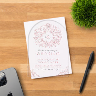 Invitations En Acrylique Mariage d'art monogramme en feuilles roses poussiè