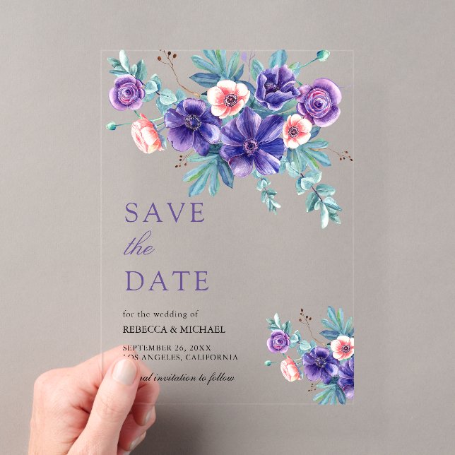 Invitations En Acrylique Mariage de bouquet d'anémones violettes Enregistre (In situ (ordinateur de poche))