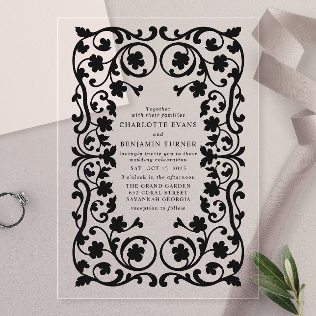Invitations En Acrylique Mariage de cadre floral orné noir (Créateur téléchargé)