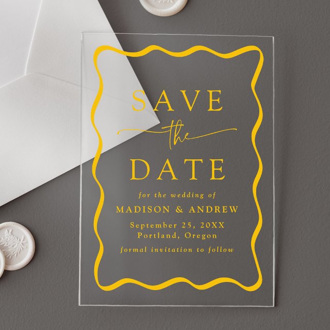 Invitations En Acrylique Mariage de cadre jaune moderne Wavy Enregistrer la (Créateur téléchargé)
