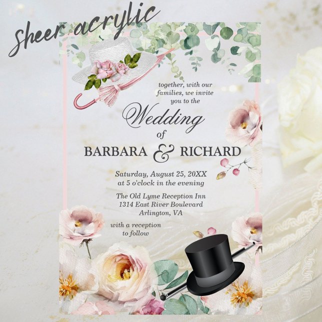 Invitations En Acrylique Mariage de chapeau rose vif Romantique Floral (Créateur téléchargé)