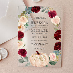 Invitations En Acrylique Mariage de citrouille florale de Bourgogne et de p