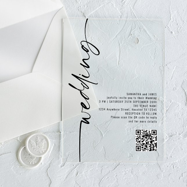 Invitations En Acrylique Mariage de code QR de calligraphie noir pivoté (Créateur téléchargé)