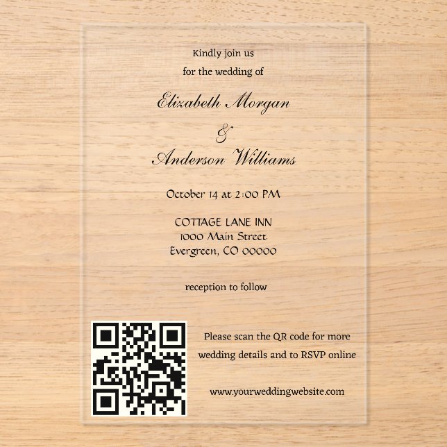 Invitations En Acrylique Mariage de code QR moderne (Recto)
