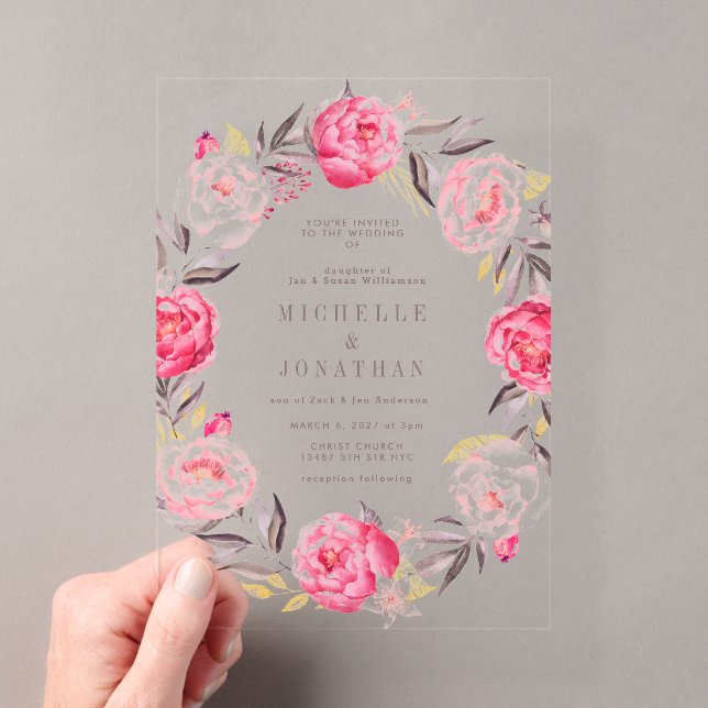 Invitations En Acrylique Mariage de courme à fleurs rose (In situ (ordinateur de poche))