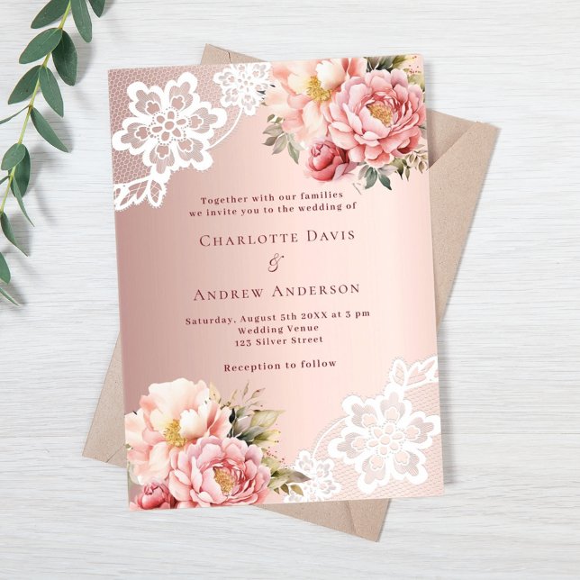 Invitations En Acrylique mariage de dentelle fleurie rose or rose (Créateur téléchargé)