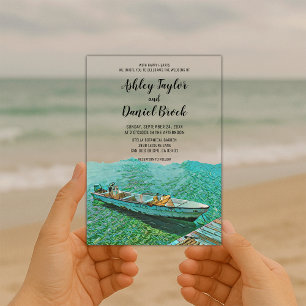 Invitations En Acrylique Mariage de destination sur la plage avec bateau cô