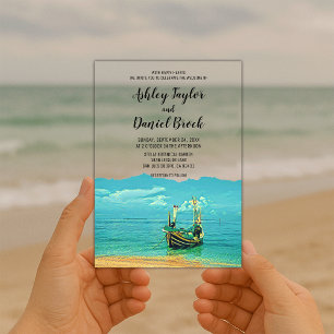 Invitations En Acrylique Mariage de destination sur un bateau bleu marine s