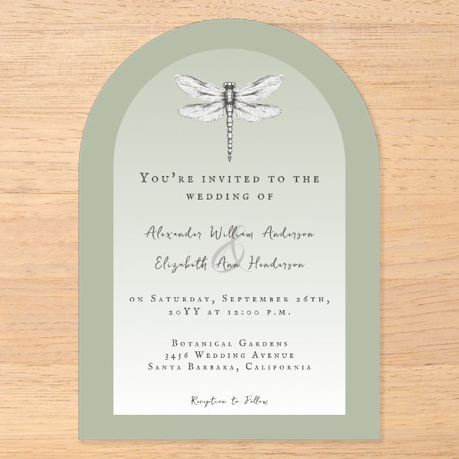 Invitations En Acrylique Mariage de libellules de Sage Green (Recto)