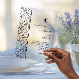 Invitations En Acrylique Mariage de luxe avec monogramme botanique noir