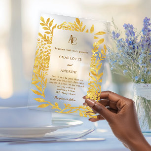 Invitations En Acrylique Mariage de luxe en botanique dorée monogramme clai