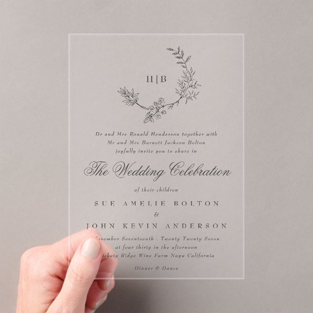 Invitations En Acrylique Mariage de monogramme à couronne florale classique (In situ (ordinateur de poche))