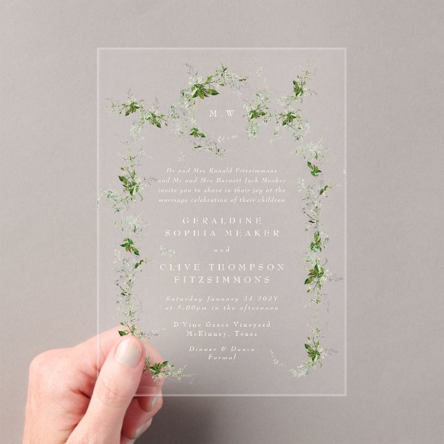 Invitations En Acrylique Mariage de monogramme de crème d'eucalyptus vert (In situ (ordinateur de poche))