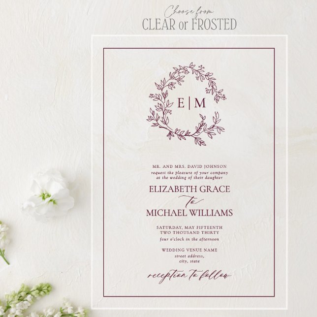 Invitations En Acrylique Mariage de monogramme de crête feuillue de Bourgog (Créateur téléchargé)