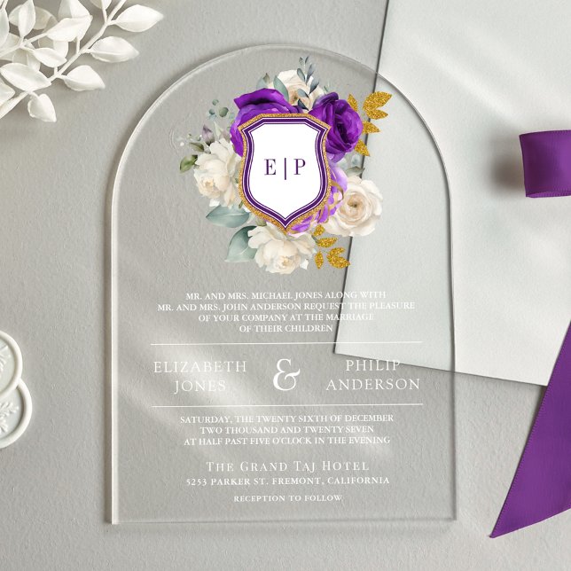 Invitations En Acrylique Mariage de monogramme de crête florale violette ro (Créateur téléchargé)