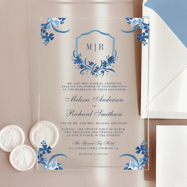 Invitations En Acrylique Mariage de monogramme de la crête florale bleue (Créateur téléchargé)