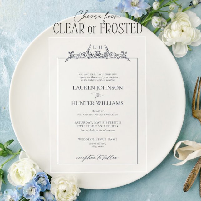 Invitations En Acrylique Mariage de monogramme de la frontière florale bleu (Créateur téléchargé)