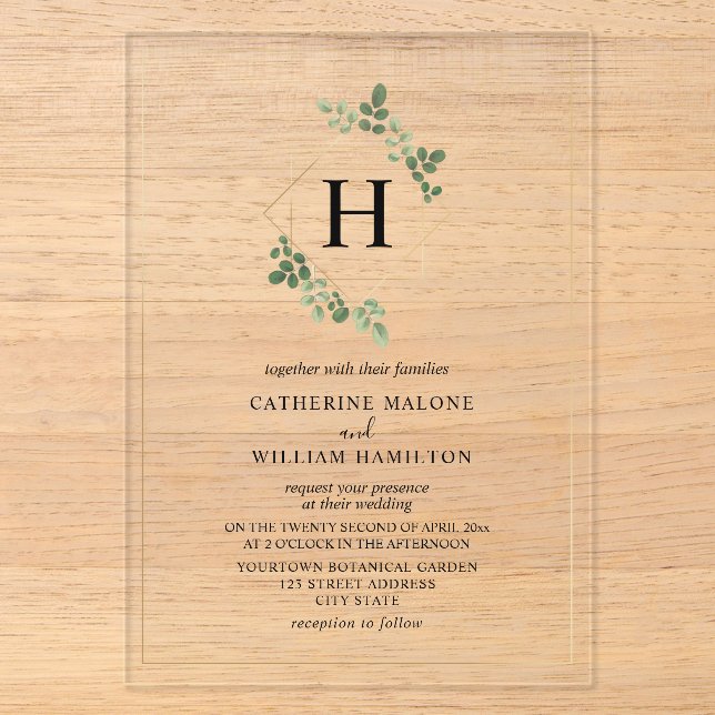 Invitations En Acrylique Mariage de monogramme géométrique de la Botanique  (Recto)