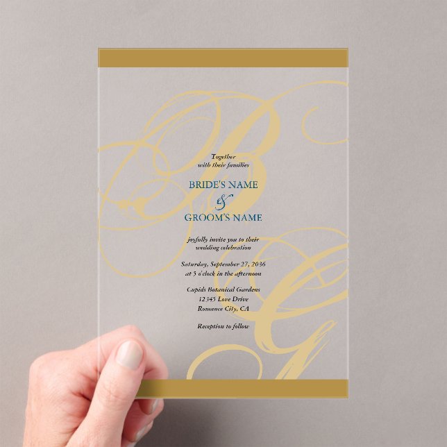 Invitations En Acrylique Mariage de monogramme or Blue Elegant (In situ (ordinateur de poche))